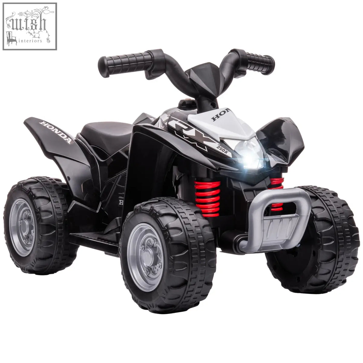 Black and silver honda licensed kids electric quad bike with foot pedal and red suspension coils for authentic driving experience
