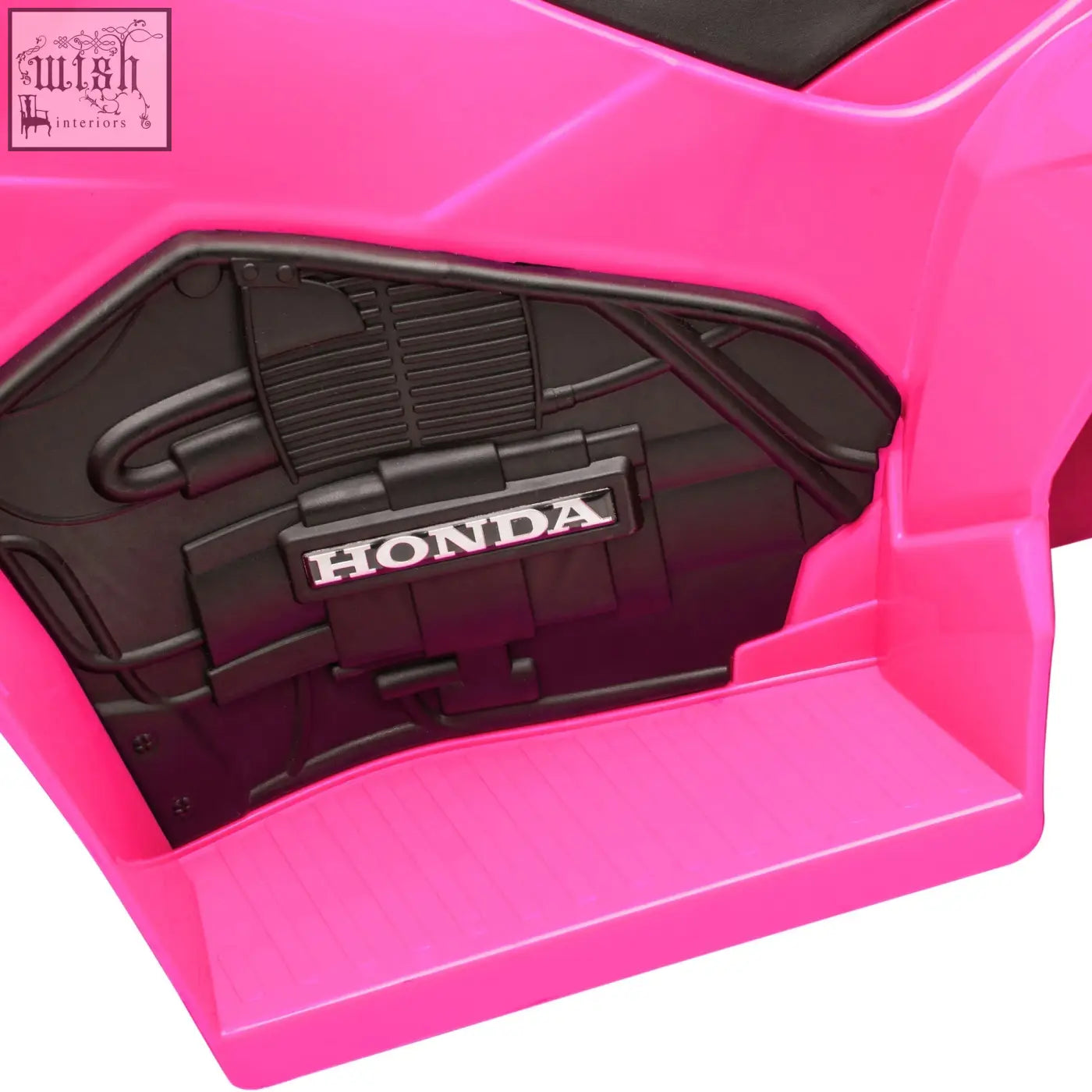Pink honda licensed kids electric quad bike with foot pedal and black interior for authentic driving experience