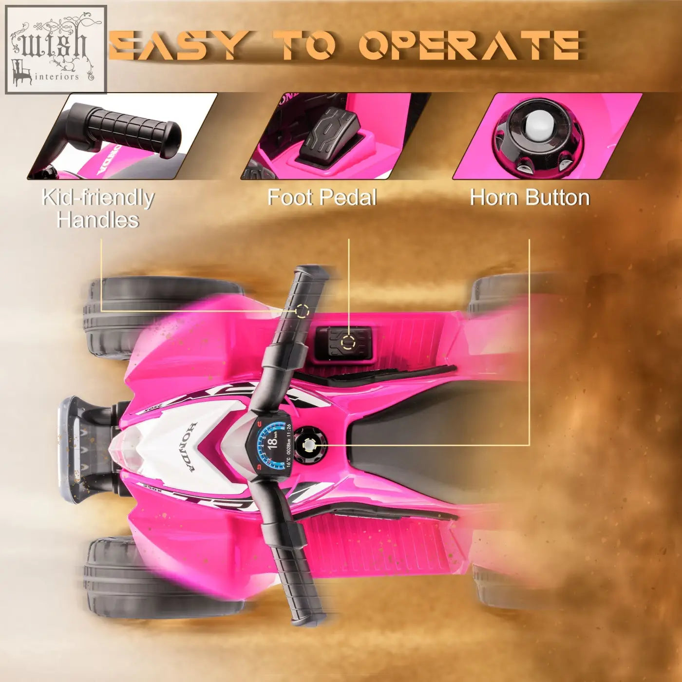 Pink and white honda licensed kids electric quad bike with foot pedal and horn button for authentic driving experience