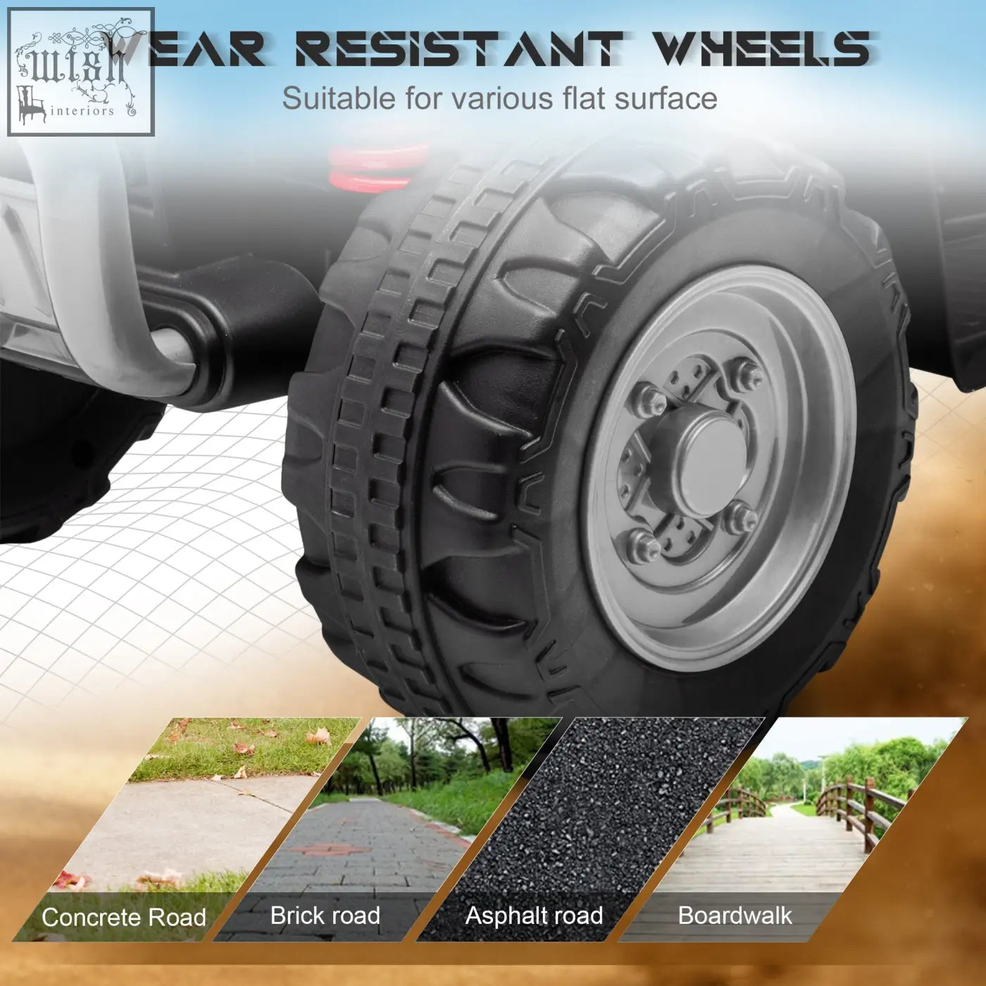 Black rubber tire with deep treads and silver rim on honda licensed aiyaplay kids electric quad bike for authentic driving experience