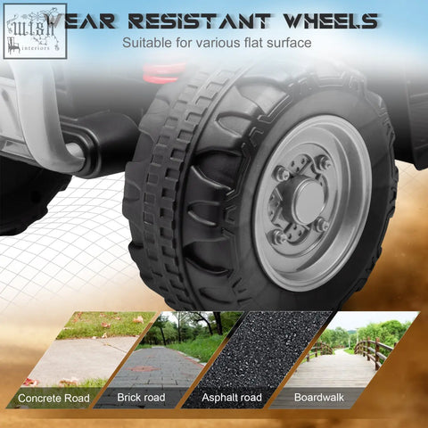Black rubber tire with deep treads and silver rim on honda licensed aiyaplay kids electric quad bike for authentic driving experience