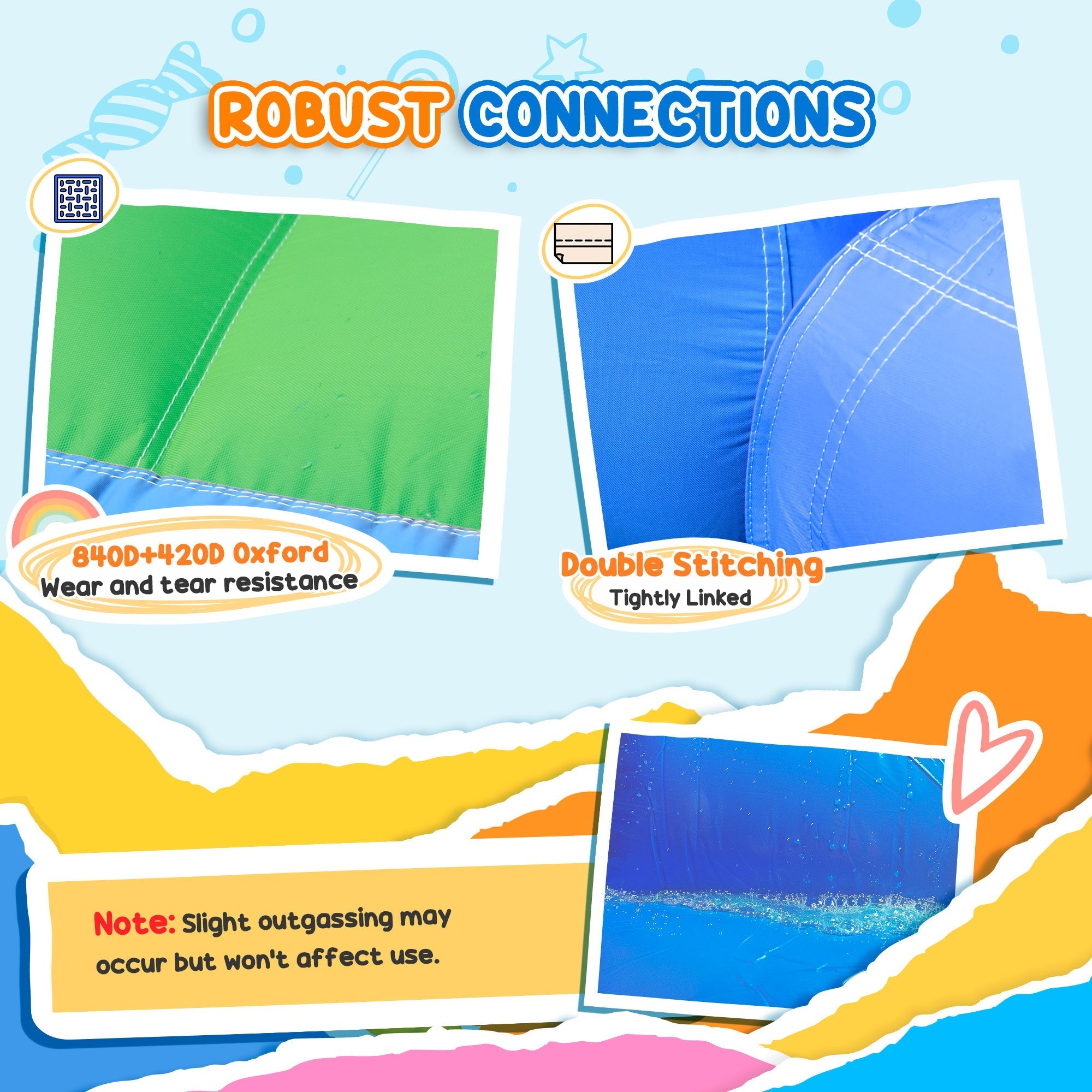 Green and blue oxford fabric panels with double stitching on aiyaplay bouncy castle featuring basketball hoop and slide