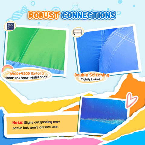 Green and blue oxford fabric panels with double stitching on aiyaplay bouncy castle featuring basketball hoop and slide