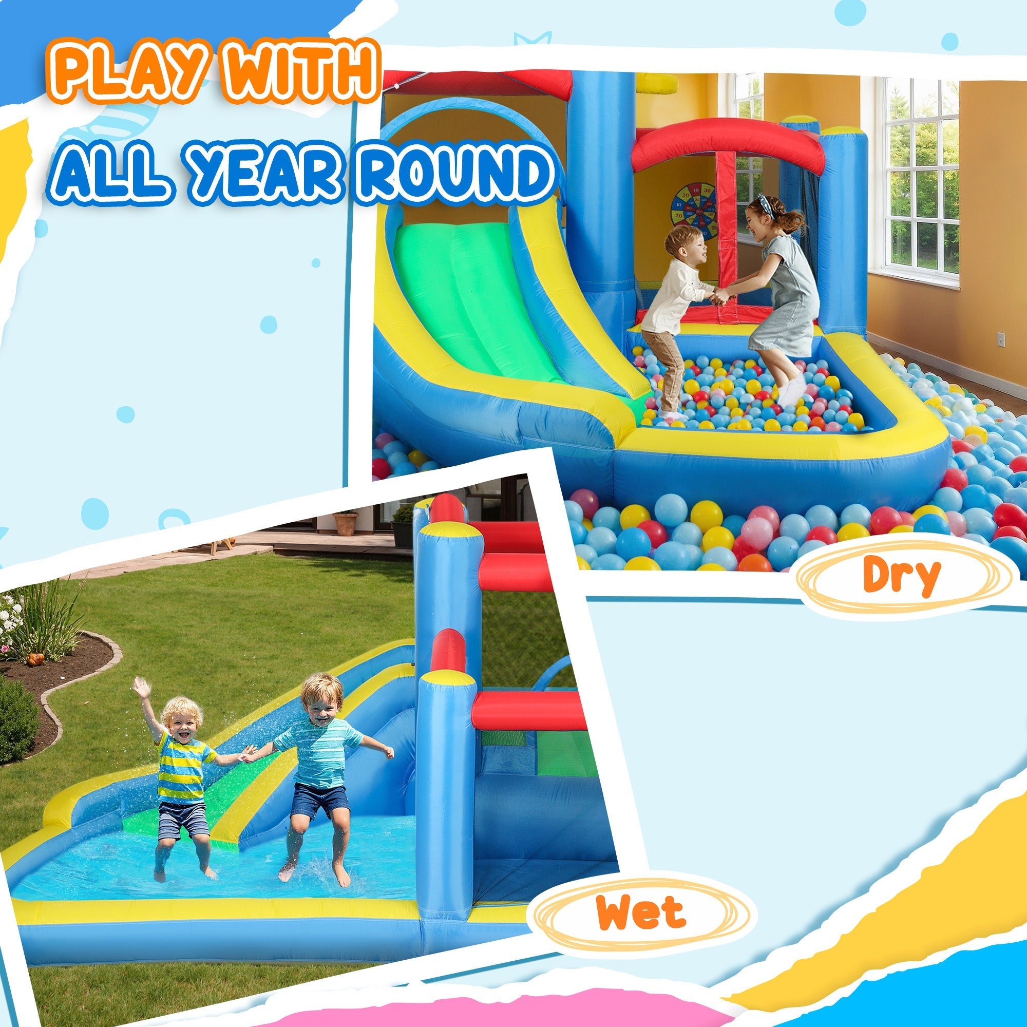Blue and yellow aiyaplay inflatable bouncy castle with basketball hoop slide and oxford fabric for kids fun