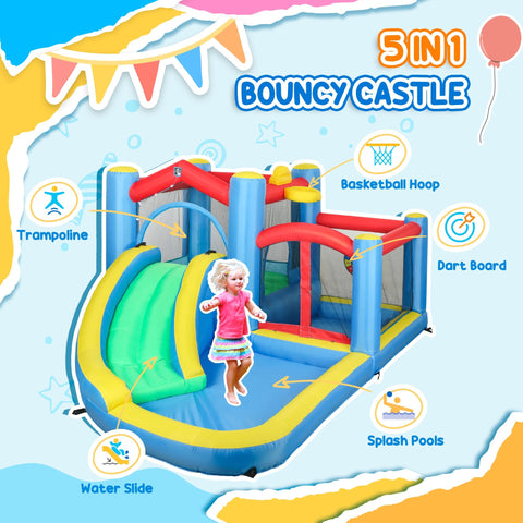 Aiyaplay inflatable bouncy castle in blue red and yellow with green slide basketball hoop made of durable oxford fabric