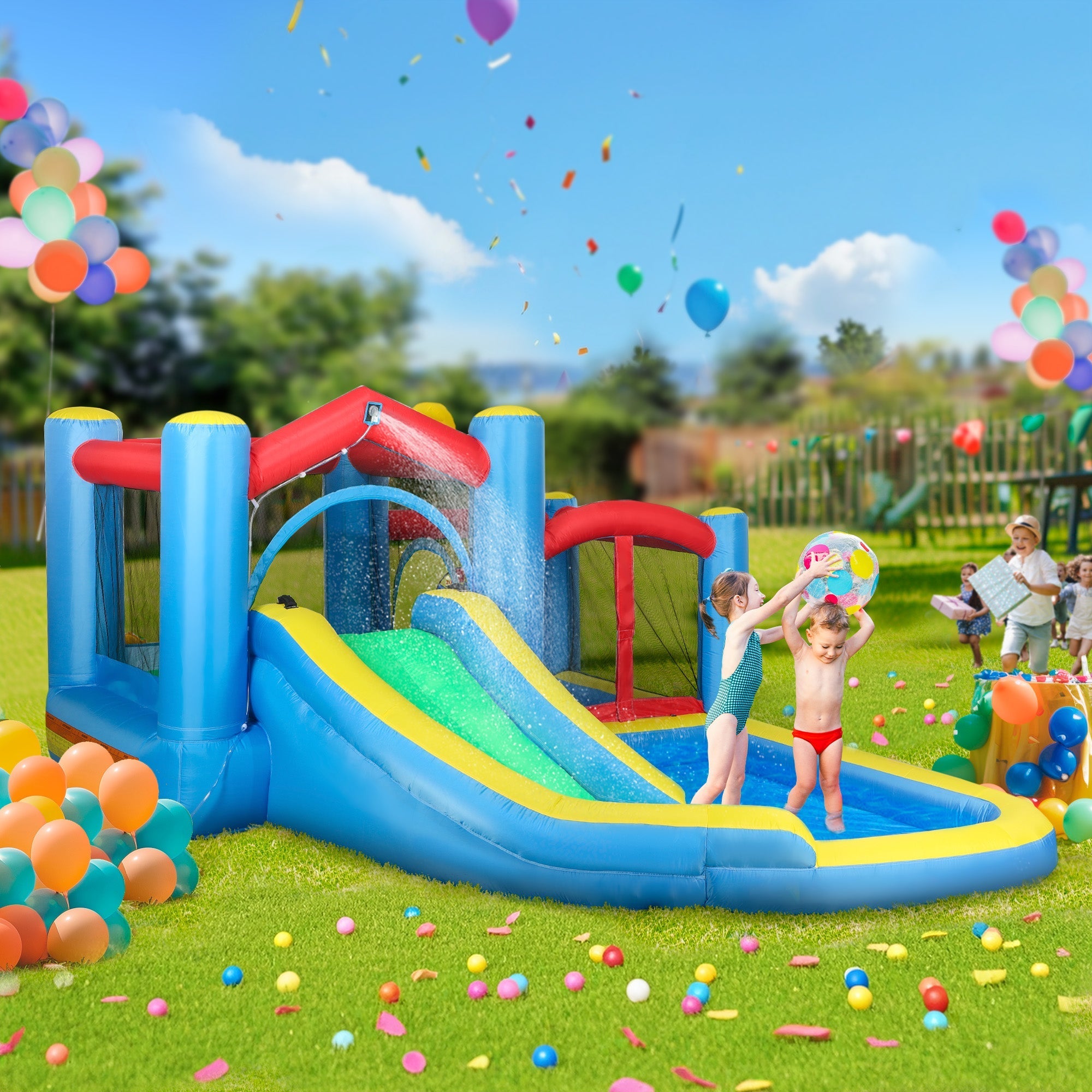 Aiyaplay inflatable bouncy castle with blue and yellow oxford fabric, red accents, basketball hoop, and long slide