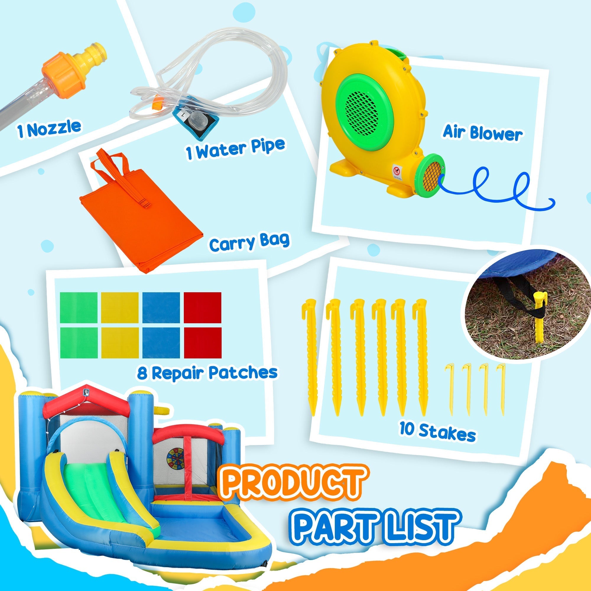 Blue and yellow aiyaplay inflatable bouncy castle with basketball hoop and oxford fabric long slide and dart board