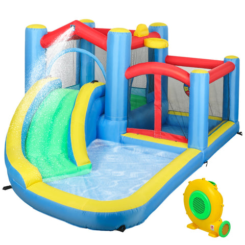 Aiyaplay inflatable bouncy castle in blue red and yellow oxford fabric with basketball hoop and splash pad spray feature