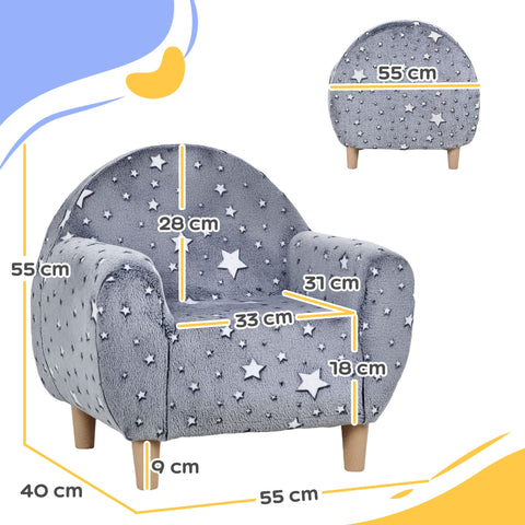 Gray plush aiyaplay kids armchair with white stars light wooden legs glow in the dark for bedroom or playroom