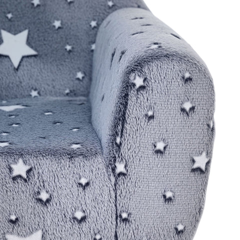 Gray plush kids armchair with white star appliqués glow in the dark design by aiyaplay kids perfect for playroom