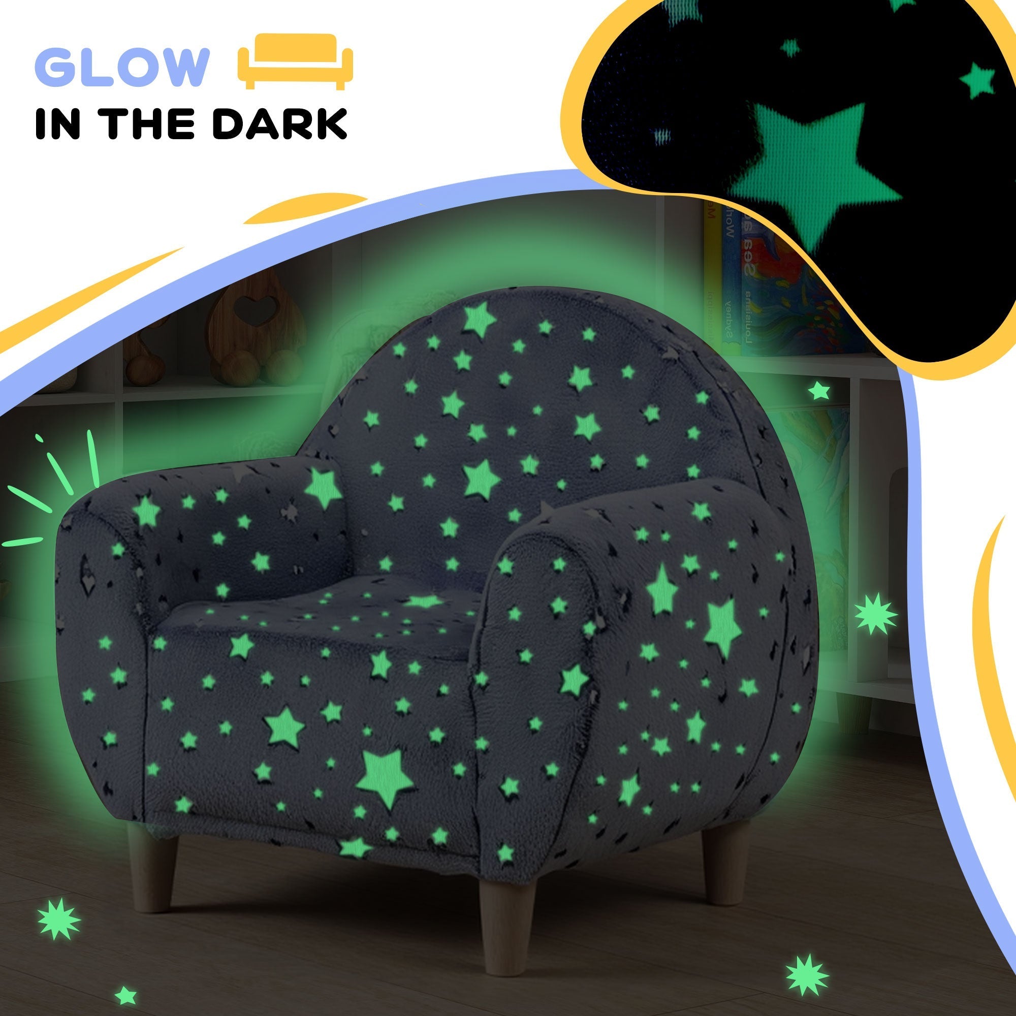 Dark gray plush aiyaplay kids armchair with glowing green star decals perfect for bedroom or playroom seating