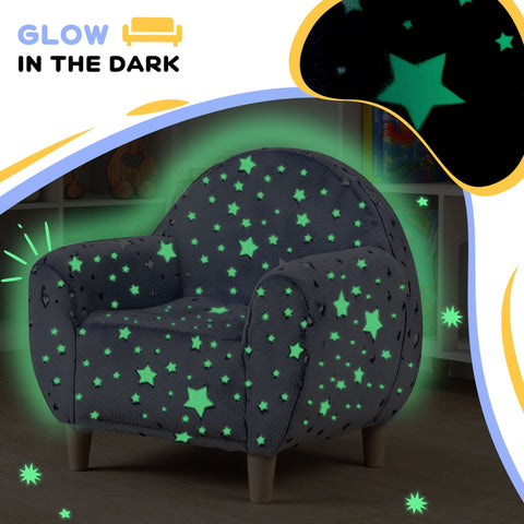 Dark gray plush aiyaplay kids armchair with glowing green star decals perfect for bedroom or playroom seating
