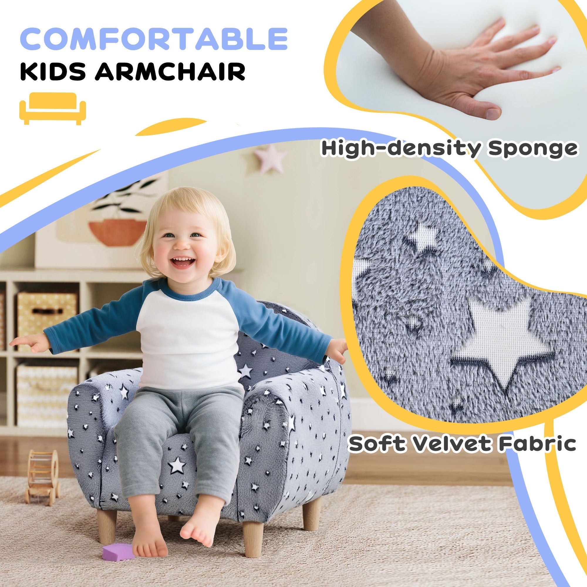 Aiyaplay kids armchair with glow in the dark gray star velvet upholstery and wooden legs perfect for kids room