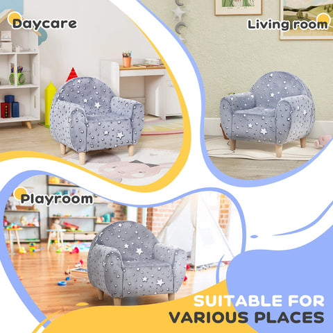 Gray star-patterned plush aiyaplay kids armchair with wooden legs perfect for bedroom playroom or kids room