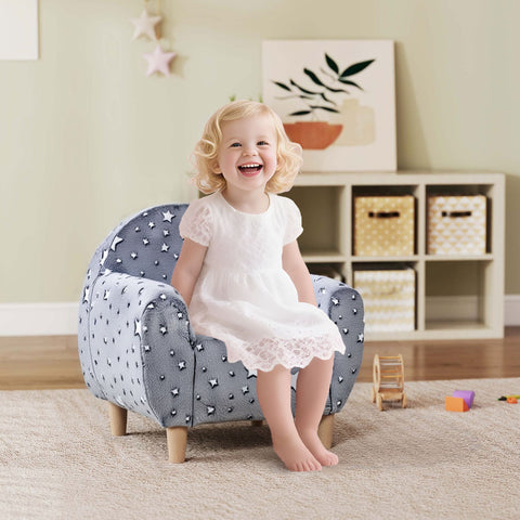 Gray star-patterned aiyaplay kids armchair with wooden legs glow in the dark for bedroom or playroom use