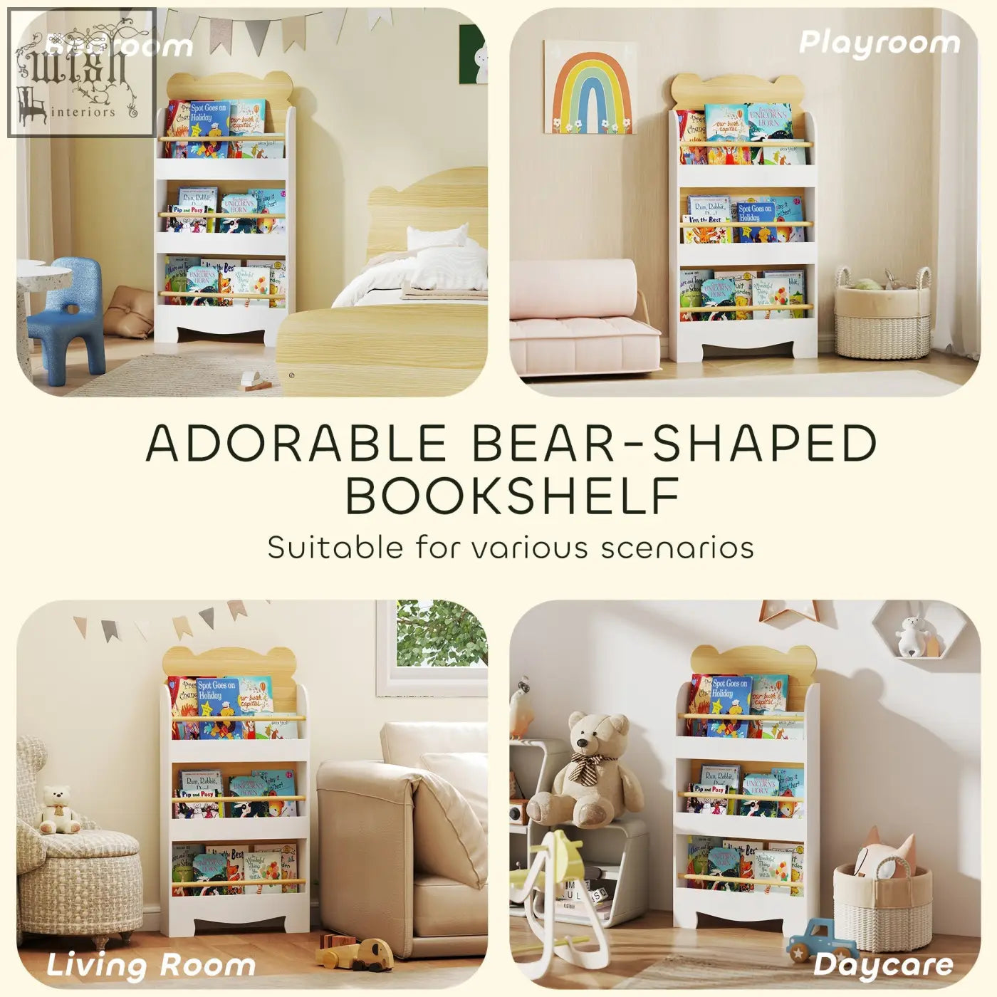 White bear-shaped aiyaplay kids bookcase with rounded design and 3 tiers perfect for narrow spaces and toddlers