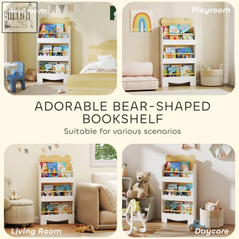 White bear-shaped aiyaplay kids bookcase with rounded design and 3 tiers perfect for narrow spaces and toddlers