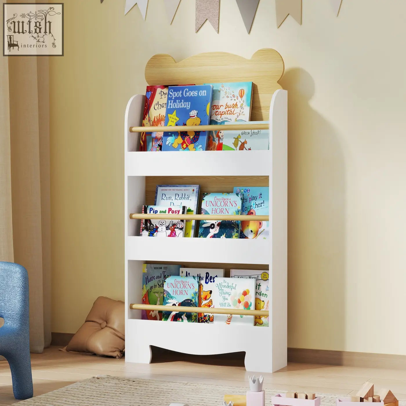 White wooden aiyaplay kids bookcase with bear top and light wood shelves perfect for narrow spaces and toddlers