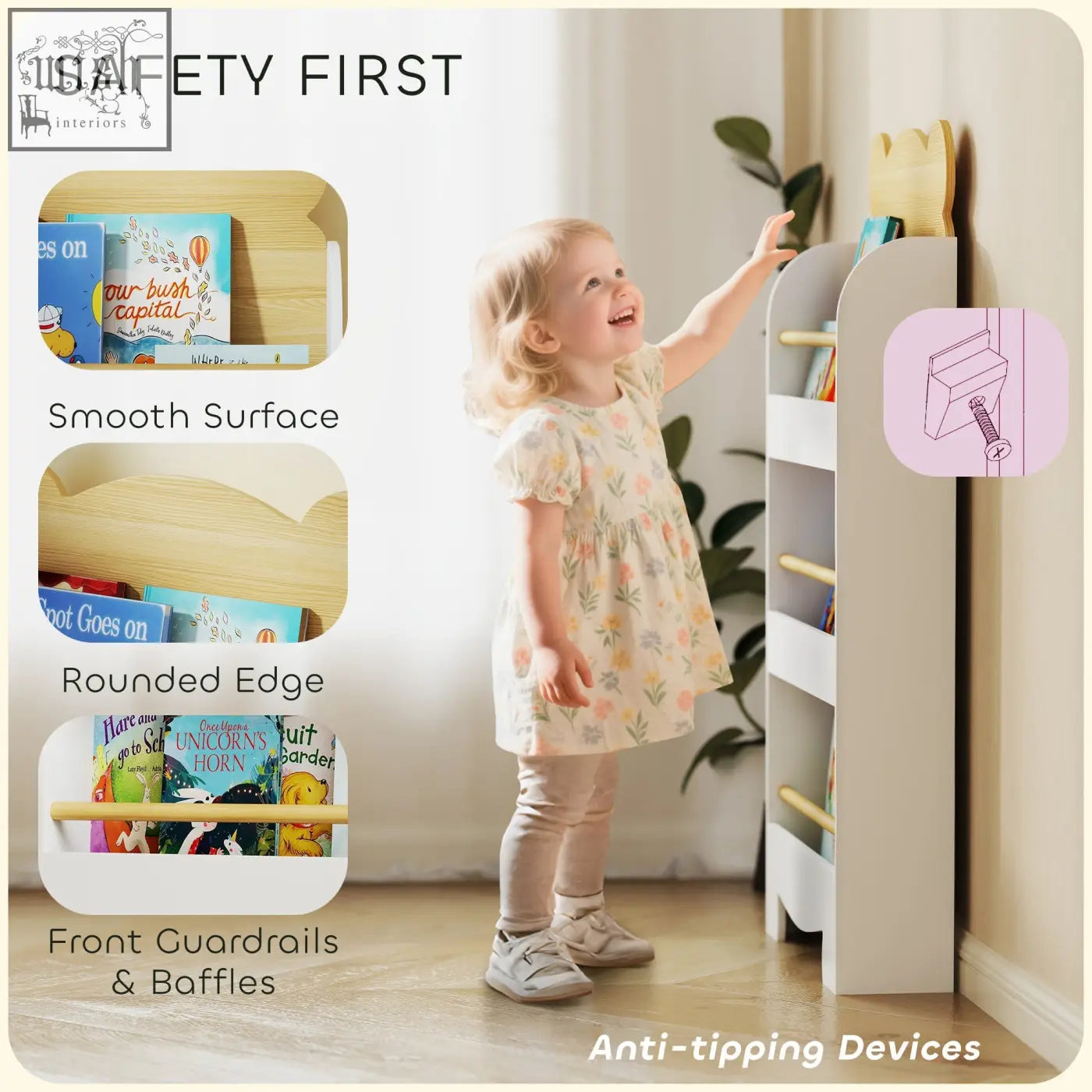 White wooden aiyaplay kids bookcase with rounded edges and front guardrails perfect for narrow spaces