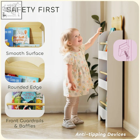 White wooden aiyaplay kids bookcase with rounded edges and front guardrails perfect for narrow spaces