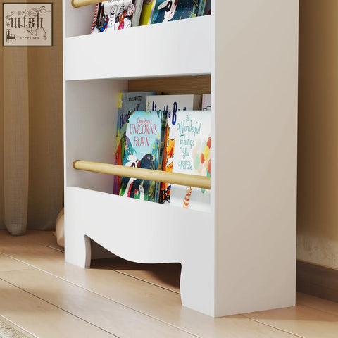 Aiyaplay kids white wooden kids bookcase with three tiers and curved base perfect for narrow spaces and toddlers