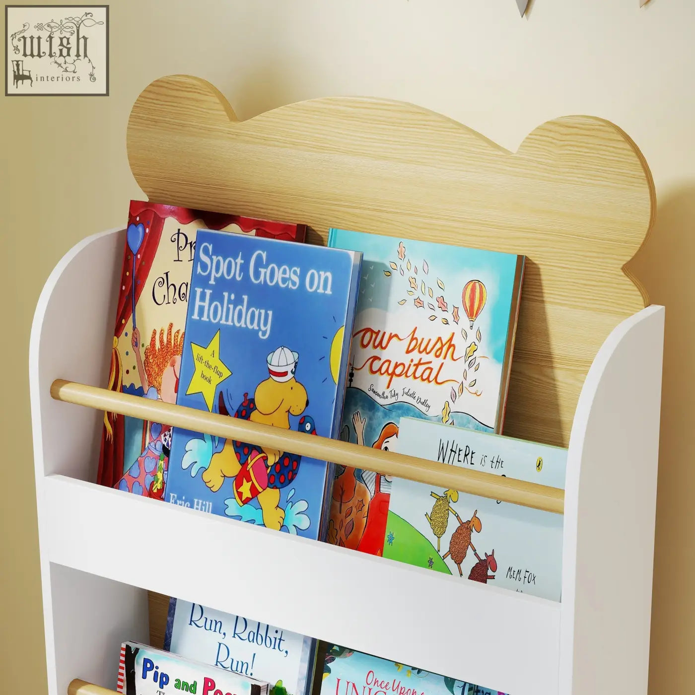 White aiyaplay kids bookcase with bear-shaped wood top and wooden bars perfect for narrow spaces and kids rooms