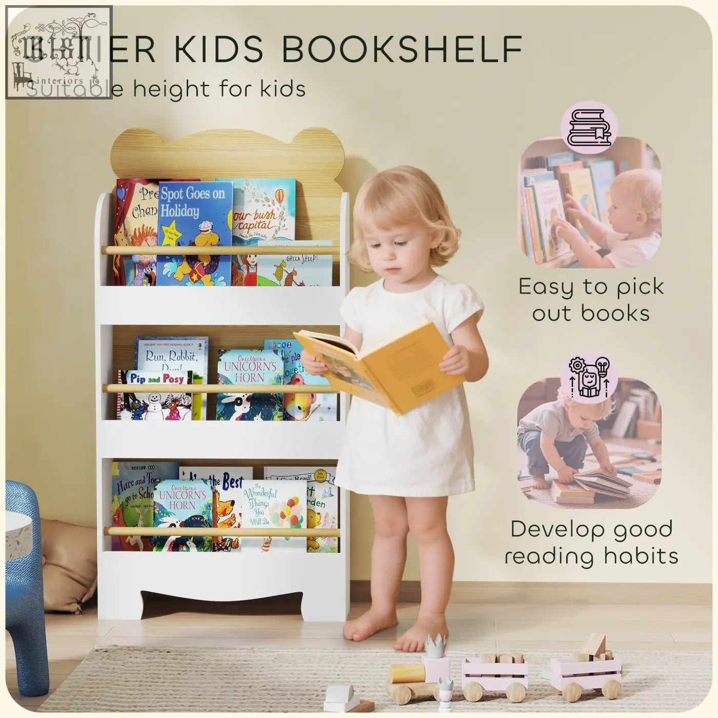 White aiyaplay kids bookcase with bear theme and wooden shelves designed for colorful books in narrow spaces