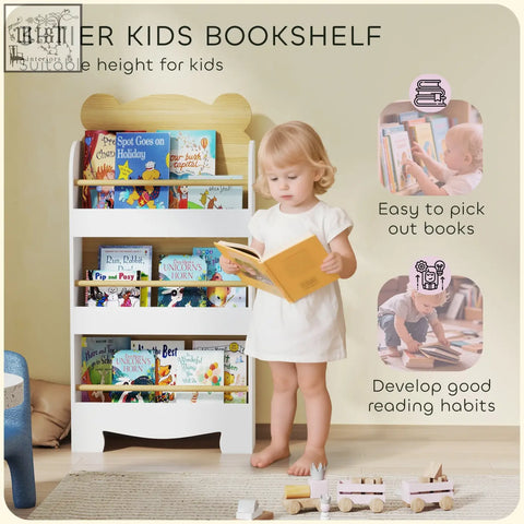 White aiyaplay kids bookcase with bear theme and wooden shelves designed for colorful books in narrow spaces