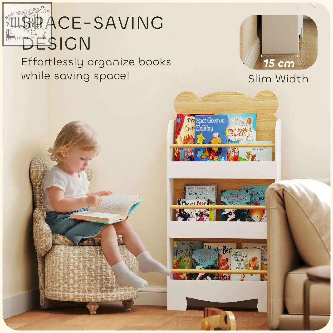 White wooden aiyaplay kids bookcase with bear top and three shelves for colorful books perfect for narrow spaces