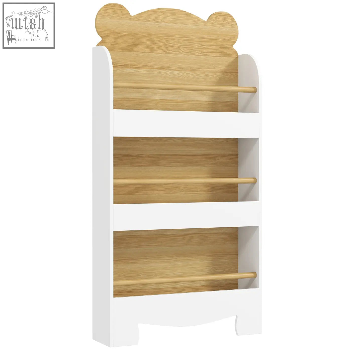 Aiyaplay kids bear shaped kids bookcase with three white and light wood shelves fits narrow spaces perfectly
