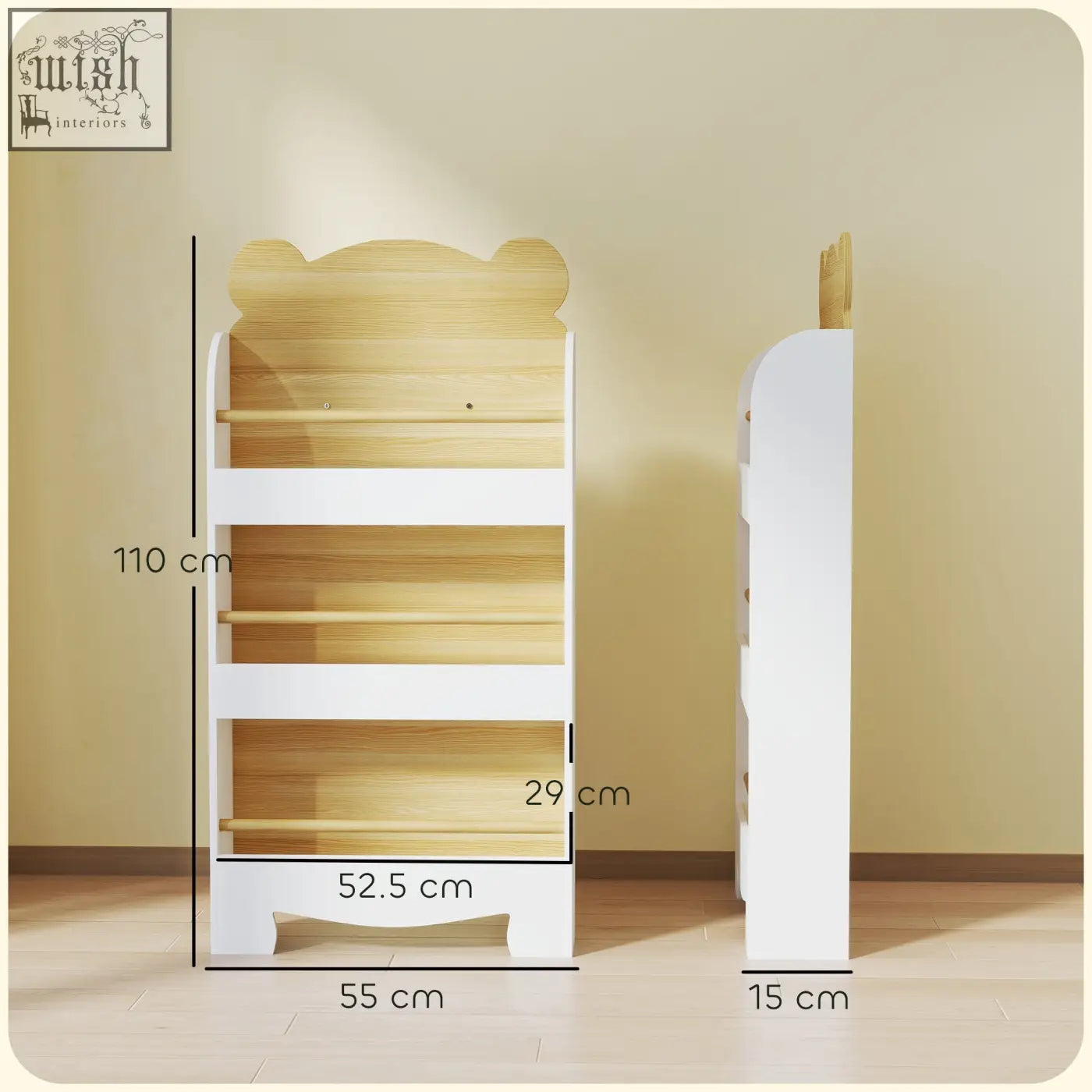 Aiyaplay kids bear-shaped kids bookcase in white and light wood with three shelves perfect for narrow spaces