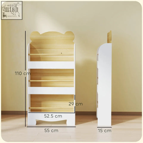 Aiyaplay kids bear-shaped kids bookcase in white and light wood with three shelves perfect for narrow spaces