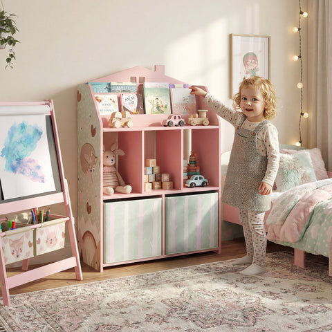 Pink AIYAPLAY kids bookshelf with pastel green striped fabric drawers and elephant print toy storage unit with book display