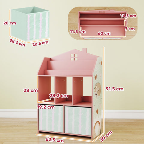 Pink wooden aiyaplay kids bookshelf with pastel green doors and cartoon design toy storage unit with book display