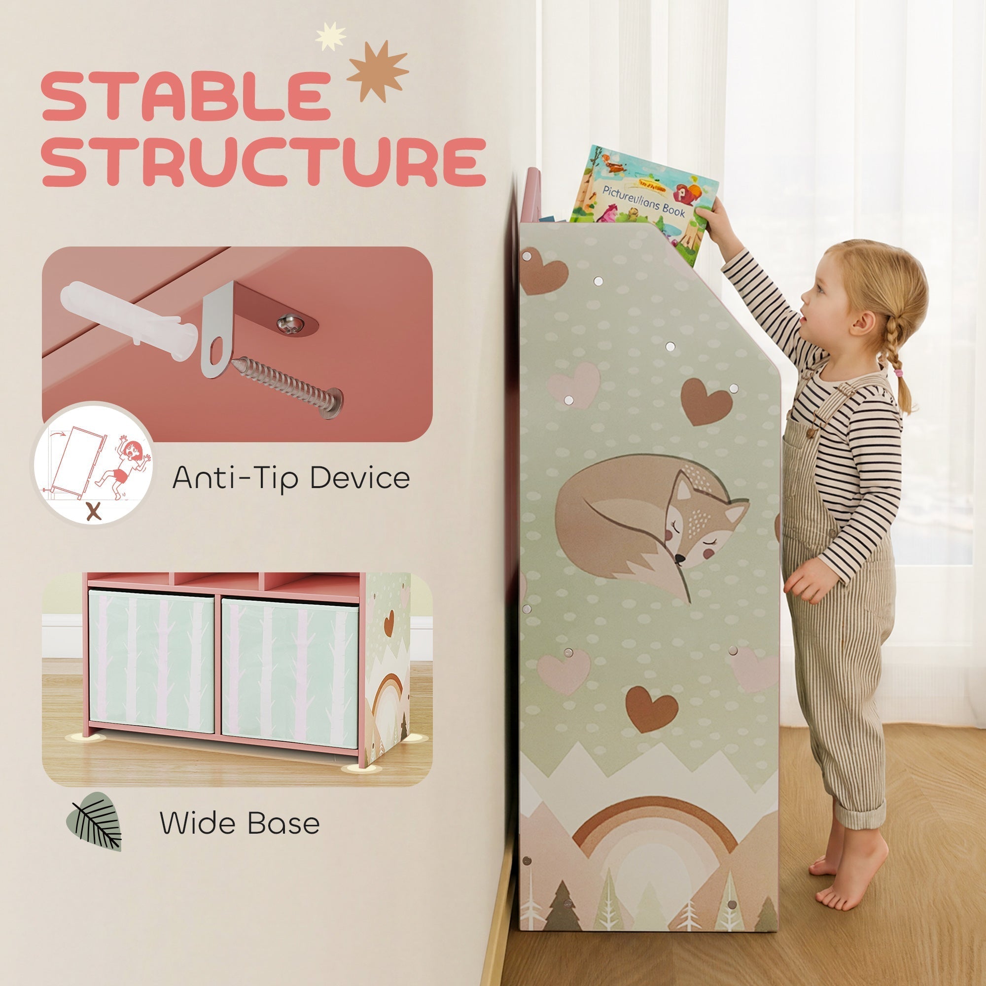 Aiyaplay kids bookshelf toy storage unit in pastel green and pink with book display and fox design for playroom use