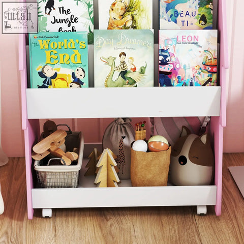 Pink and white aiyaplay kids bookshelf with toy storage, two-tier bookcase on four universal wheels with colorful kids books