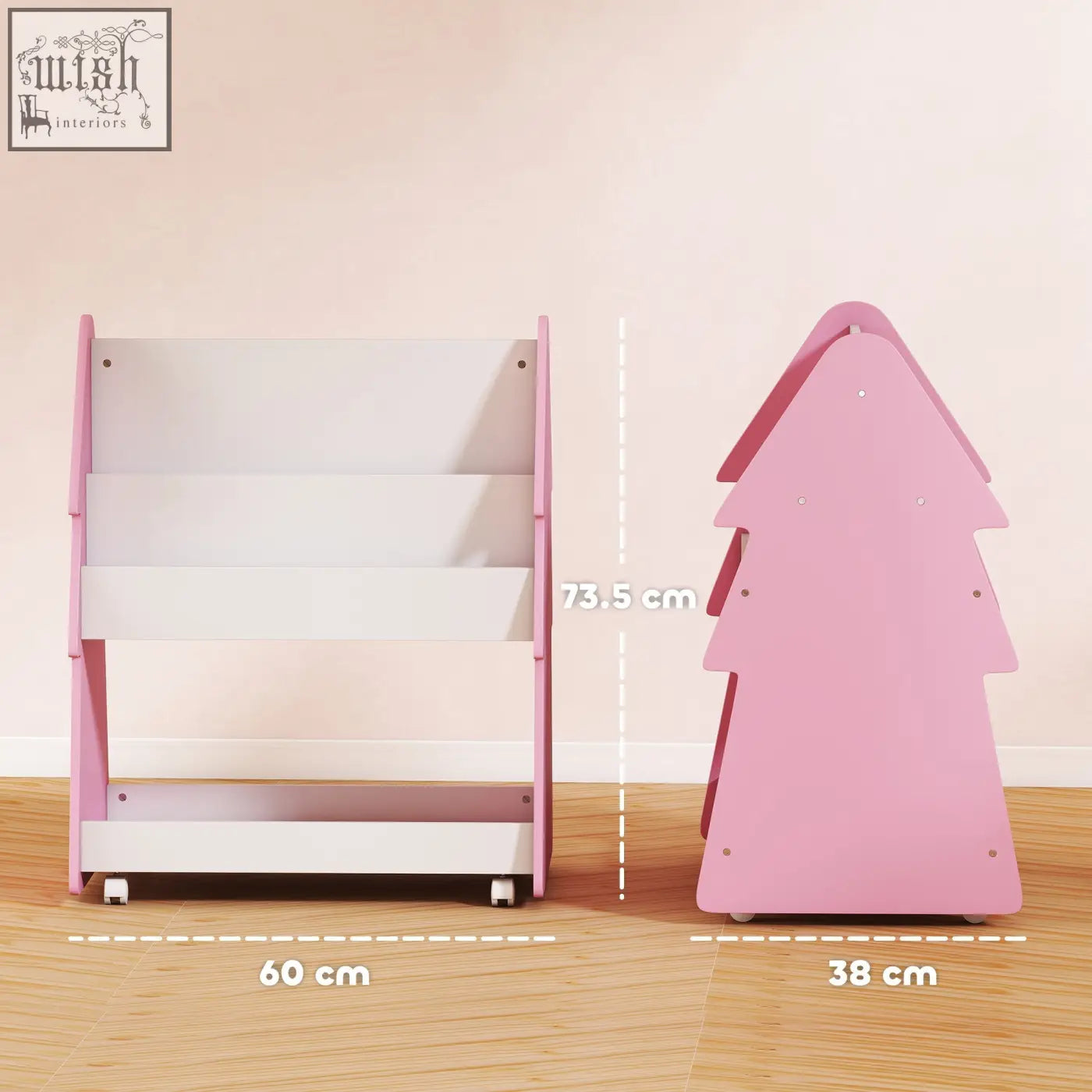 Pink and white wooden aiyaplay kids bookshelf with tree-shaped design and four universal wheels for easy moving