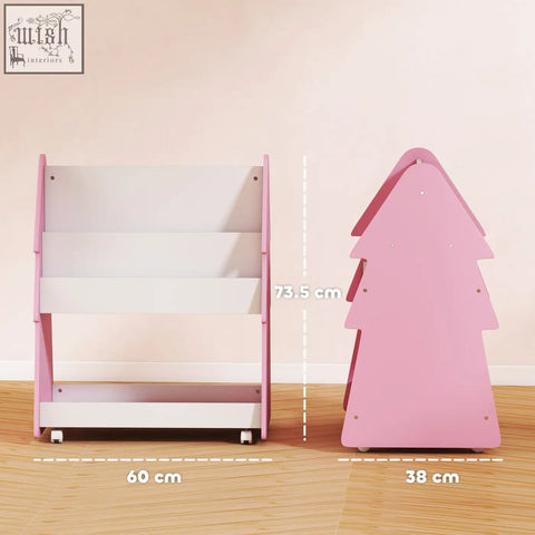 Pink and white wooden aiyaplay kids bookshelf with tree-shaped design and four universal wheels for easy moving
