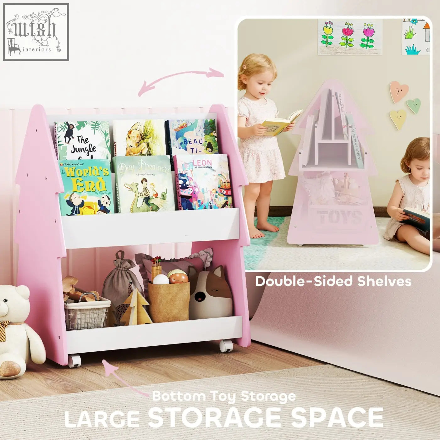 Pink and white aiyaplay kids bookshelf with toy storage and four universal wheels for easy bedroom use