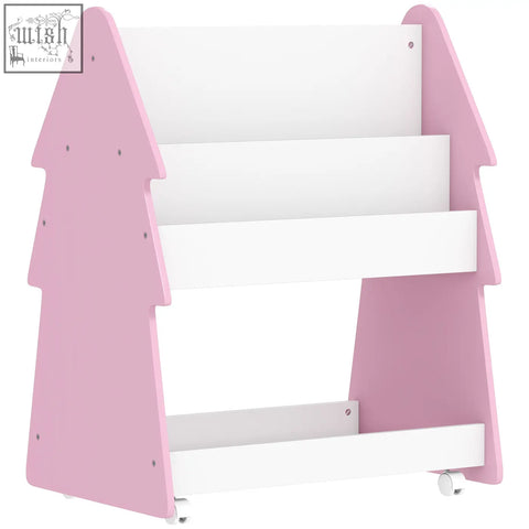 Aiyaplay kids pink and white tree-shaped bookshelf with four universal wheels for easy bedroom storage and playroom use