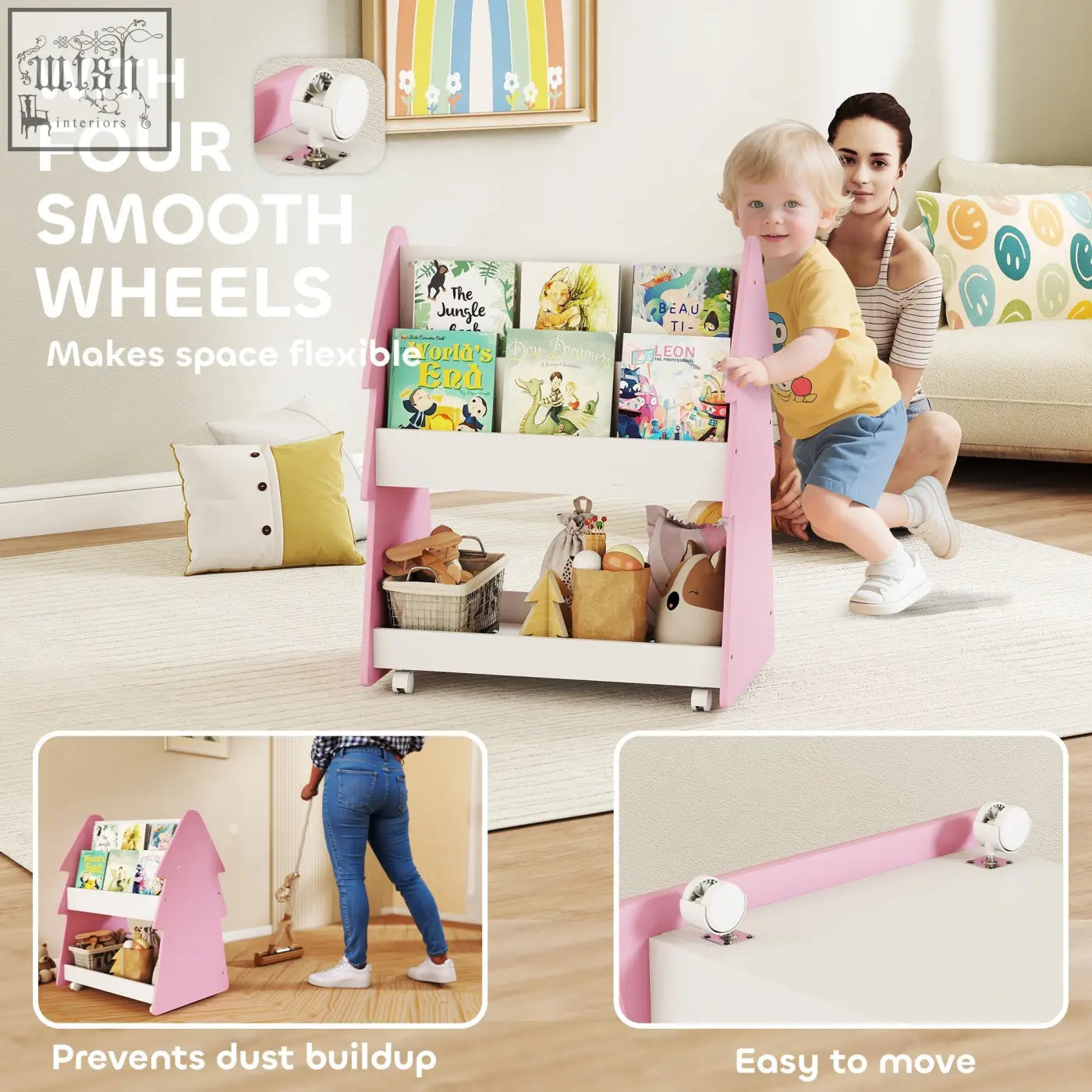 Pink and white aiyaplay kids two-tiered bookshelf with four universal wheels for easy mobility in bedroom or playroom