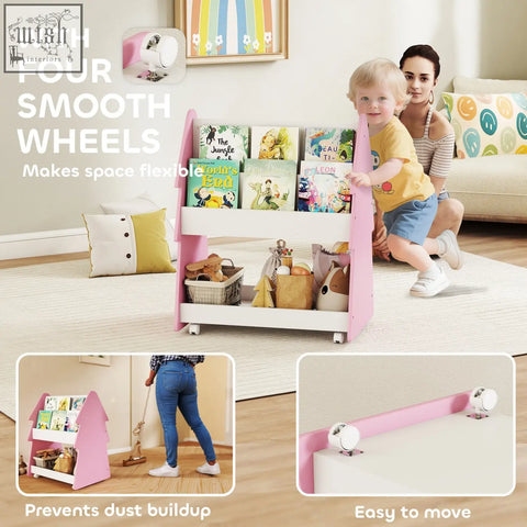 Pink and white aiyaplay kids two-tiered bookshelf with four universal wheels for easy mobility in bedroom or playroom