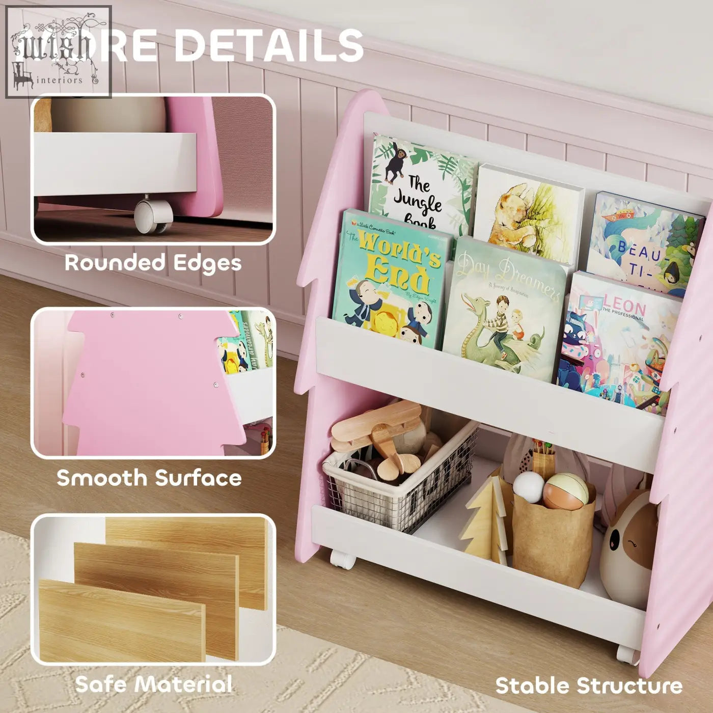 Aiyaplay kids pink and white bookshelf with smooth surface rounded edges and four universal wheels for easy movement