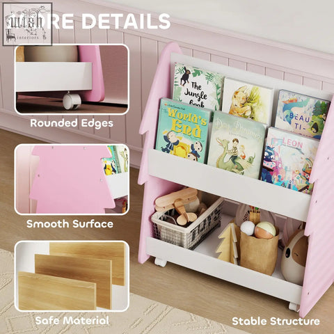 Aiyaplay kids pink and white bookshelf with smooth surface rounded edges and four universal wheels for easy movement