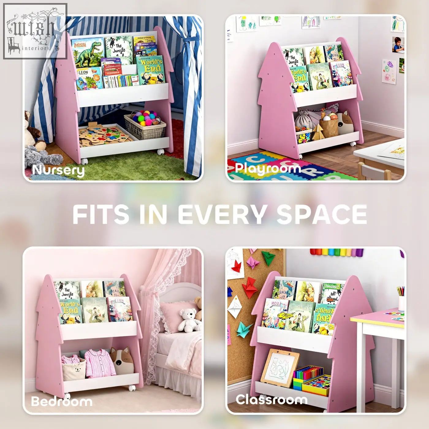 Pink aiyaplay kids house-shaped bookshelf with white shelves and four universal wheels for easy room storage