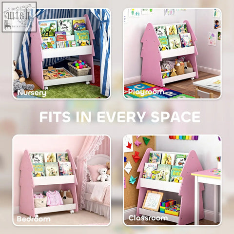 Pink aiyaplay kids house-shaped bookshelf with white shelves and four universal wheels for easy room storage