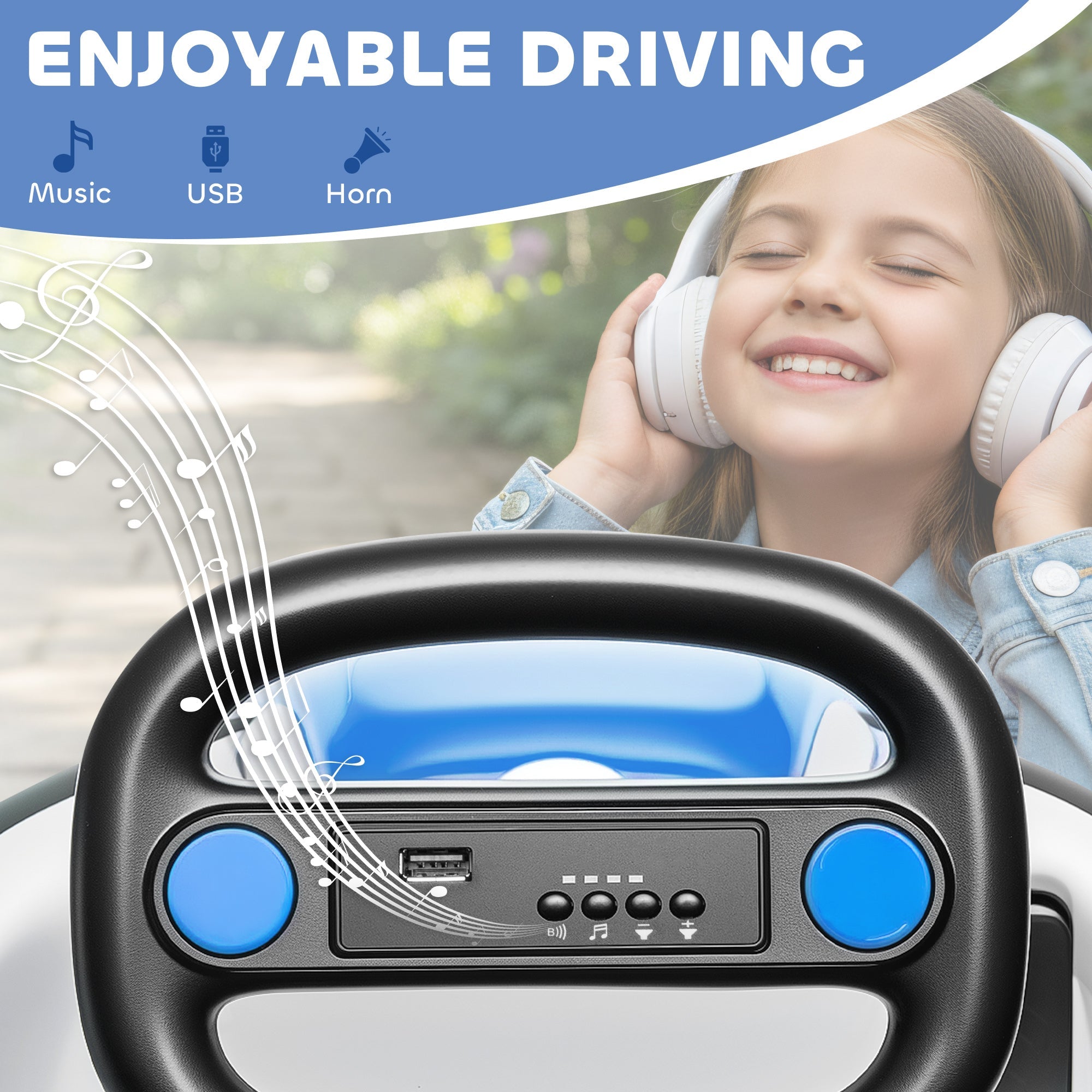 Black and blue aiyaplay kids bumper car with 360-degree rotation usb port horn button and music controls for ages 3-8