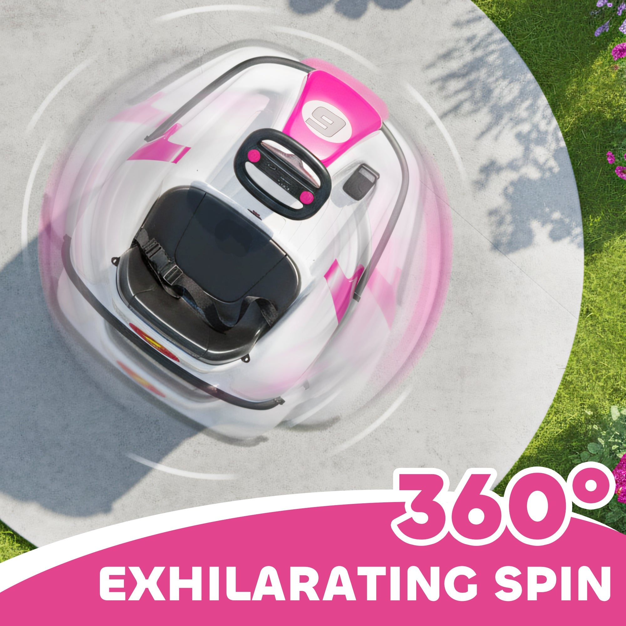 Pink and white AIYAPLAY kids bumper car with 360-degree rotation 5-5km speed and large wheels for ages 3-8 years