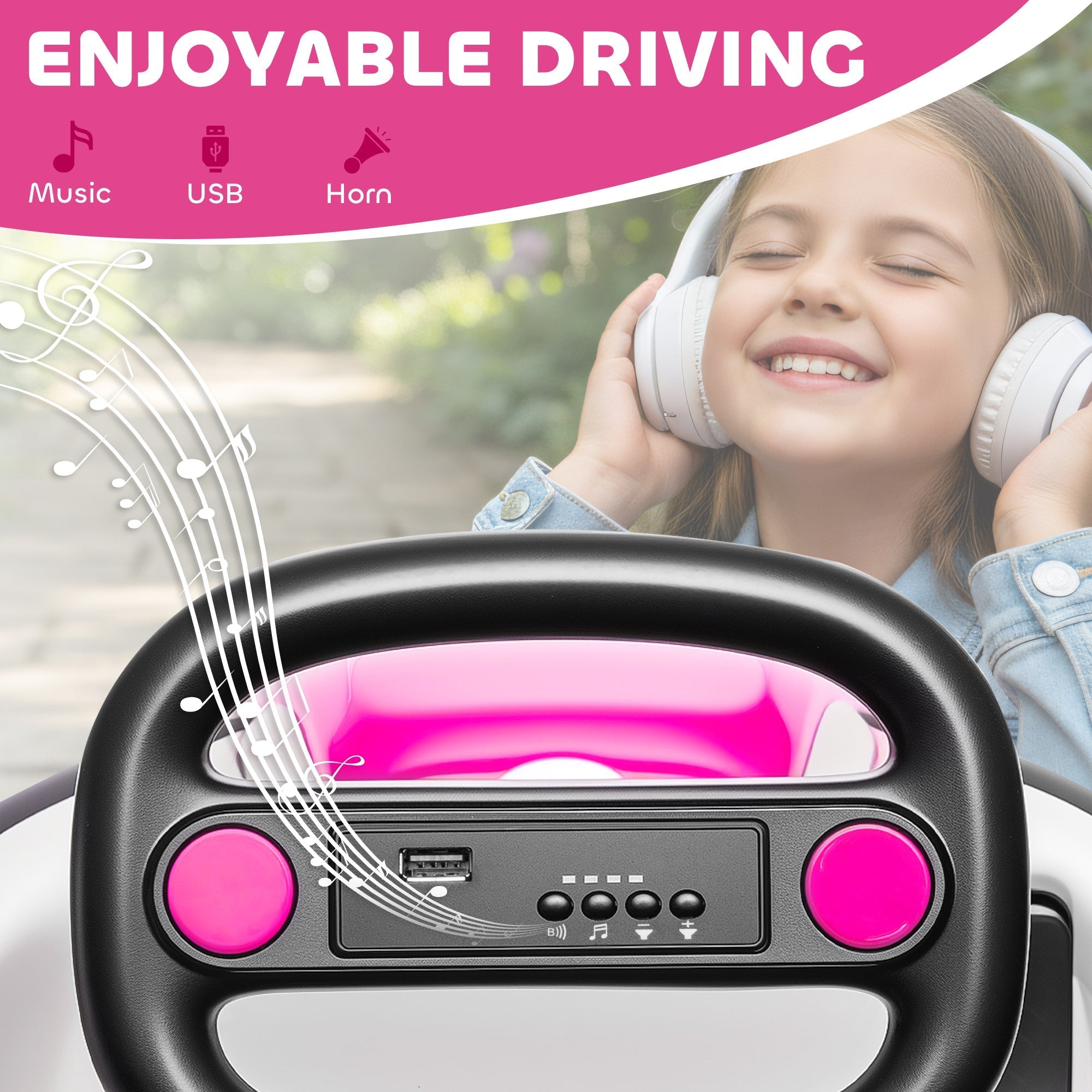 Black and pink AIYAPLAY kids bumper car steering wheel with usb port music button horn controls for 3-8 years old