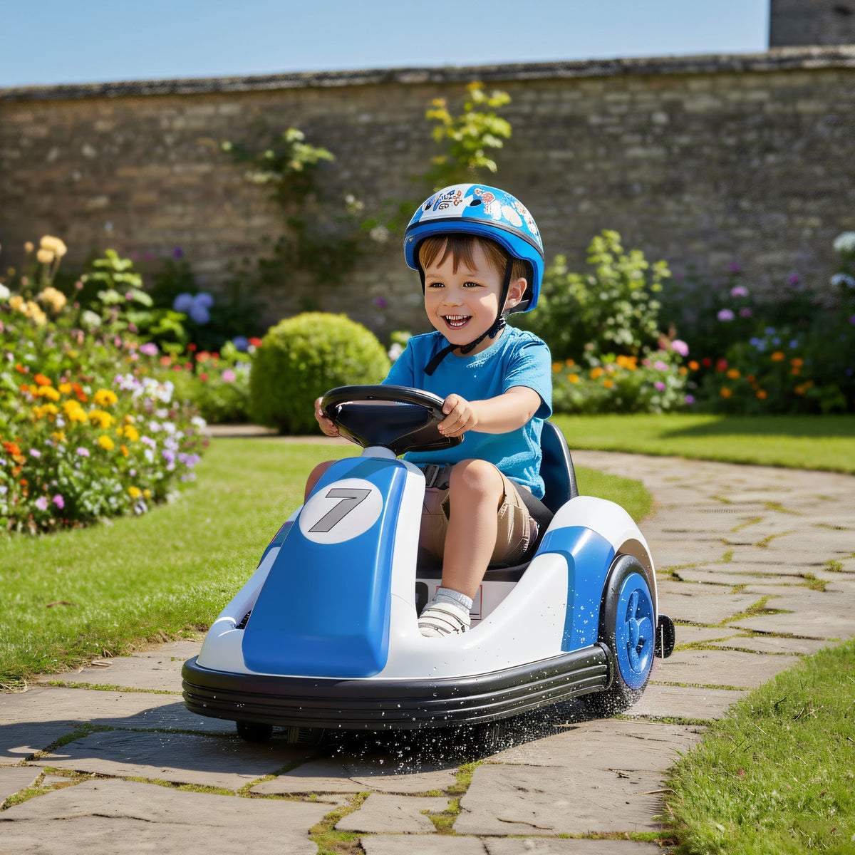 Blue and white aiyaplay kids bumper car with large black wheels 360-degree rotation and number seven emblem